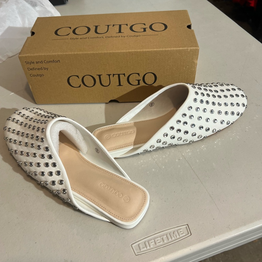 Women’s size 9 flat shoes, sparkles Coutgo Women's White Studded Loafers